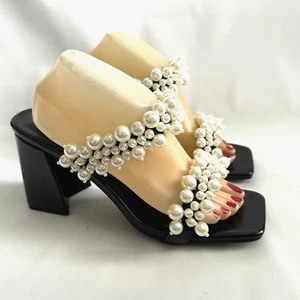 Jiu du Black 3" Block Heels Sandals Slip On Slides Pearls Straps Patent Leather - Picture 1 of 13