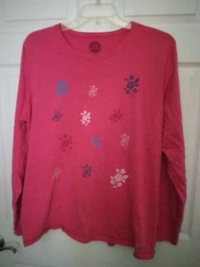 Life Is Good Womens XXL Pink Crusher Tee lg Sleeve Stamped flowers Cotton - Picture 1 of 2