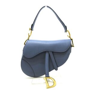 Auth DIOR/ChristianDior Saddle Bag - Blue Gray Leather Shoulder Bag