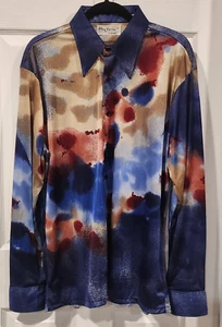 OLEG CASSINI / BURMA - Vtg DISCO COLLAR Colorful Marbled Print Shirt - Size XL - Picture 1 of 7