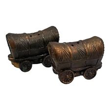 Bronze Colored Metal Covered Mini Wagon Salt and Pepper Shakers Made in Japan