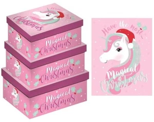 3 LARGE UNICORN MAGICAL CHRISTMAS GIFT BOXES PRESENT XMAS FESTIVE SEASON GLITTER - Picture 1 of 1