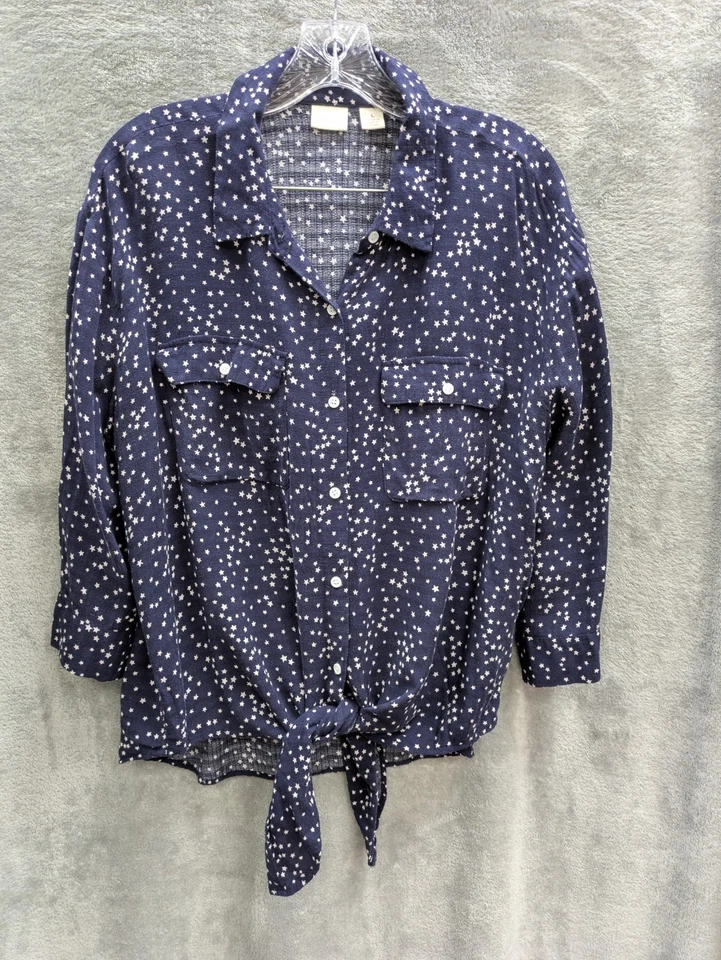 Blusa para mujer grande azul blanco estampado de estrellas botones frontal lengüeta enrollable mangas bolsillos Foto 1 de 4