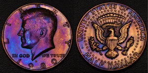 1980-D Kennedy Half Dollar gold, blue, and purple toning (L38-8) - Picture 1 of 1