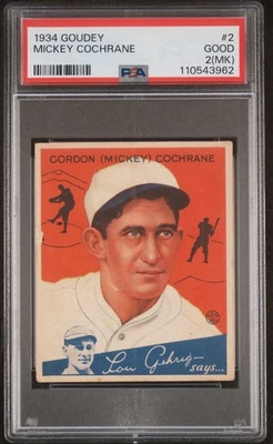 Бейсбольная карточка 1934 Goudey No2 Mickey Cochrane HOF HOF Detroit Tigers PSA 2 В ХОРОШЕМ СОСТОЯНИИ - Изображение 1 из 4