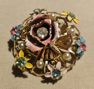 Vintage Brooch-Flower Design-Circle Shape-MultiColor - Picture 1 of 3