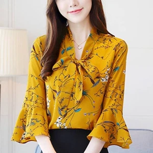 Fashionable Floral Print Chiffon Shirt Summer Three Quarter Sleeve Top - Picture 1 of 47