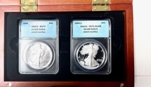 1989 American Silver Eagle Set - ANACS MS-70 & PR70DCAM - Beautifully Cased! - Picture 1 of 7