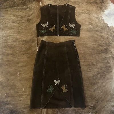 Conjunto de falda chaleco de cuero vintage bordado mariposa vaquera occidental bolero Foto 1 de 4