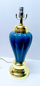 Polished Brass & Blue Ceramic Footed Flared Ribbed Desk Table Lamp 18" Tall - Picture 1 of 9