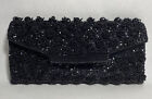 Vintage 1960S Black Hand Beaded Satin Lined Clutch Made In Hong Kong New