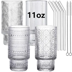 Ribbed Drinking Glasses Ribbed Glass Cups 11oz Ribbed Glassware 4pc Set Vinta... - Picture 1 of 6