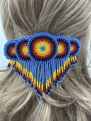 Handmade beaded Lavender, Black Native style fringe French barrette - Image 1 of 4