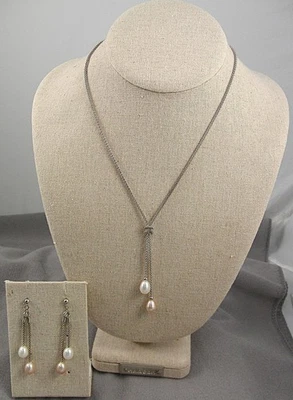 sterling silver 925 necklace & earrings lariat style with 2 color pearl dangles Foto 1 de 4