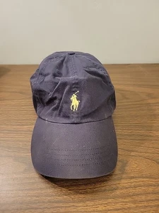 Polo Ralph Lauren Mütze Erwachsene Einheitsgröße dunkelblau gelb Pony Logo Leder Strapbac - Bild 1 von 6
