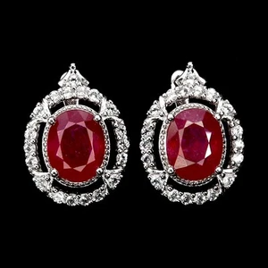 925 Sterling Silver Earrings Oval Ruby 9x7mm White Topaz Gemstone Jewelry - Picture 1 of 13