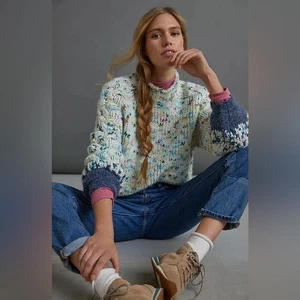 Anthropologie Gaia Grobstrick Konfetti Pullover mit Stehkragen Größe Large Petite - Bild 1 von 14