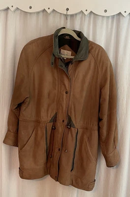 Abrigo De Colección Para Mujer Pequeño Boundary Waters Cuero Genuino Marrón Verde Forrado Suave Foto 1 de 4