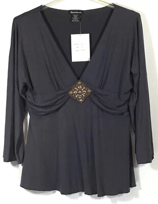 Appointments / Sexy Plunge V-Neck Beaded 3/4 Slv Embellished Top Blouse / XL - Image 1 of 4