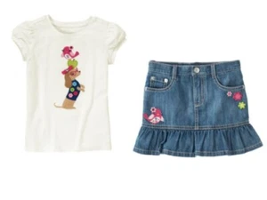 Gymboree Smart and Sweet Ivory Dog SS Tee Shirt Bird Denim Skirt Set Girls 6 NWT - Picture 1 of 1