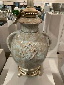 AGED EMBOSSED CERAMIC CANCELLO 29" TABLE LAMP VINTAGE FRENCH VASE INSPIRED