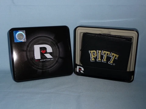 PITTSBURGH Pitt PANTHERS embroidered Leather BiFold Wallet NEW in Tin Box  black Cover