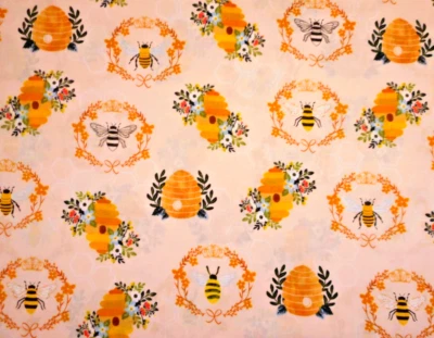 Tela Edredón 1 1/2 Yarda Abejas Colmenas Hojas Florales en Lt Rosa Algodón Premium De Colección N Foto 1 de 2