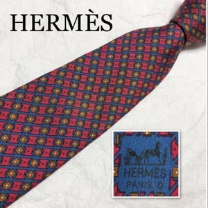 HERMES tie all over pattern 100% silk made in France pink x blue x brown - Picture 1 of 10