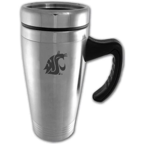 Washington State Cougars Engraved 16oz Stainless Steel Travel Mug - Silver Cover