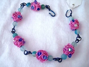 Shiny Pink Handmade Wire Wrapped Beads n Light Blue Chain Bracelet - Picture 1 of 3