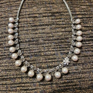Vtg Stunning Tara Faux Pearl & Smoky Rhinestone Necklace 19" w Extender - Picture 1 of 8