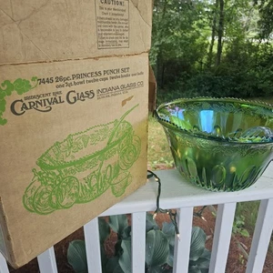 Indiana Glass Carnival Iridescent Lime Green Punch Bowl Vintage Princess Punch - Picture 1 of 11