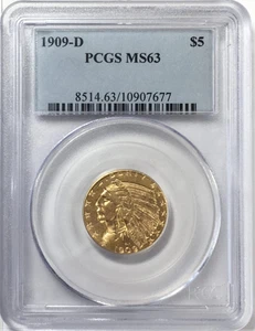 1909-D Indian Gold Half Eagle $5 Coin - PCGS MS63 - Picture 1 of 4