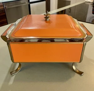 Rare Vintage Enamel Fire King Chafing/Servng Dish Fits 8x8 glass insert - Orange - Picture 1 of 8