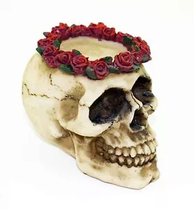 Skull Tea Light Candle Holder Red Rose Halo Gothic Free Candle Included - Picture 1 of 1