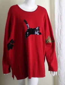Quacker Factory Sz 2X Jumping Cats Kitties Pullover Round Neck Knit Sweater Cat - Picture 1 of 7