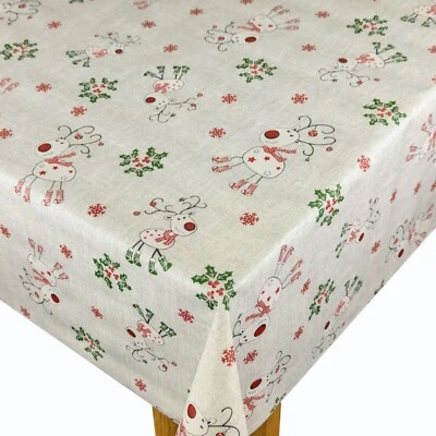 Christmas Rudolph Reindeer Grey PVC Vinyl Wipe Clean Oilcloth Tablecloth - Image 1 of 3