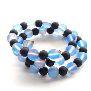 Superbe élégant bracelet bobine de perles en fil de verre bleu irisé noir - Photo 1/4