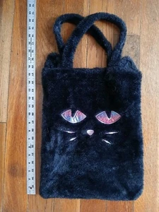 Halloween Black Kitty Cat Face Tote Bag Fuzzy Faux Fur Embroidered - Picture 1 of 4