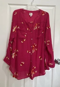 FIG & FLOWER Mujer 2X Camisa Rosa Floral Bordada Abotonada Manga Larga - Imagen 1 de 8