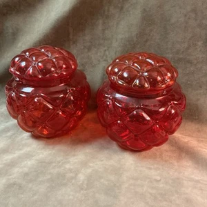 1890s Victorian consolidated glass diamond quilt pigeon blood red covered jars - Picture 1 of 9