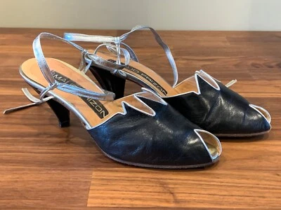 VTG MAUD FRIZON Italy 80s Womens Black Leather Silver Trim Heels Shoes SIZE 35.5 - Image 1 of 4