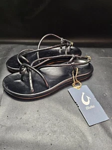 Olukai Waiau Womens Size 7 Leather Strappy Slip On Sandals Shoes Black - Picture 1 of 5