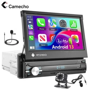 Carplay Android 13 Flip Out Car Stereo Single 1 Din 7" Radio GPS Navi Wifi Cam - Picture 1 of 17