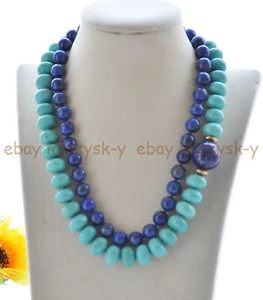 2 Rows 5x8mm Blue Turquoise Rondelle Gems Round Lapis Lazuli Necklaces 17-18'' - Picture 1 of 4