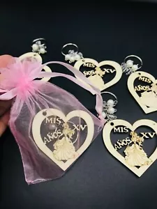 12 QUINCEAÑERA FIESTA FAVORES RECUERDOS DE QUINCEAÑERA LLAVERO DE MADERA BOLSO ROSA - Imagen 1 de 3