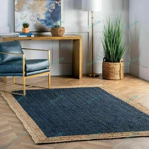 Hand Woven Jute Carpet Blue Boho Square Area Rugs 4 x 6 Feet Indian Handmade - Picture 1 of 10