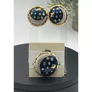 Spilla Swarovski Cigno Blu Smalto Pavimentazione Cristallo Stella Luna Saturno & Orecchini Clip - Foto 1 di 15