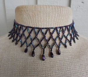Netted Weave Beaded Choker Adjustable Necklace in Midnight Blue, Purple, Black - Picture 1 of 8