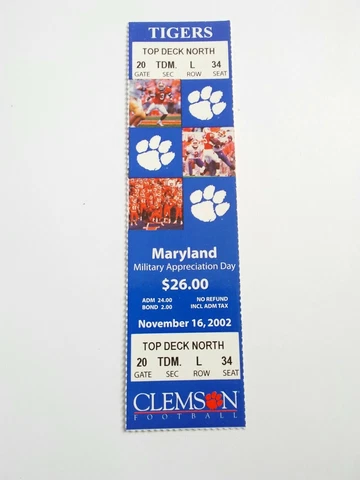 2002 Clemson Tigers Maryland Football Full Unused Ticket Stub Cover